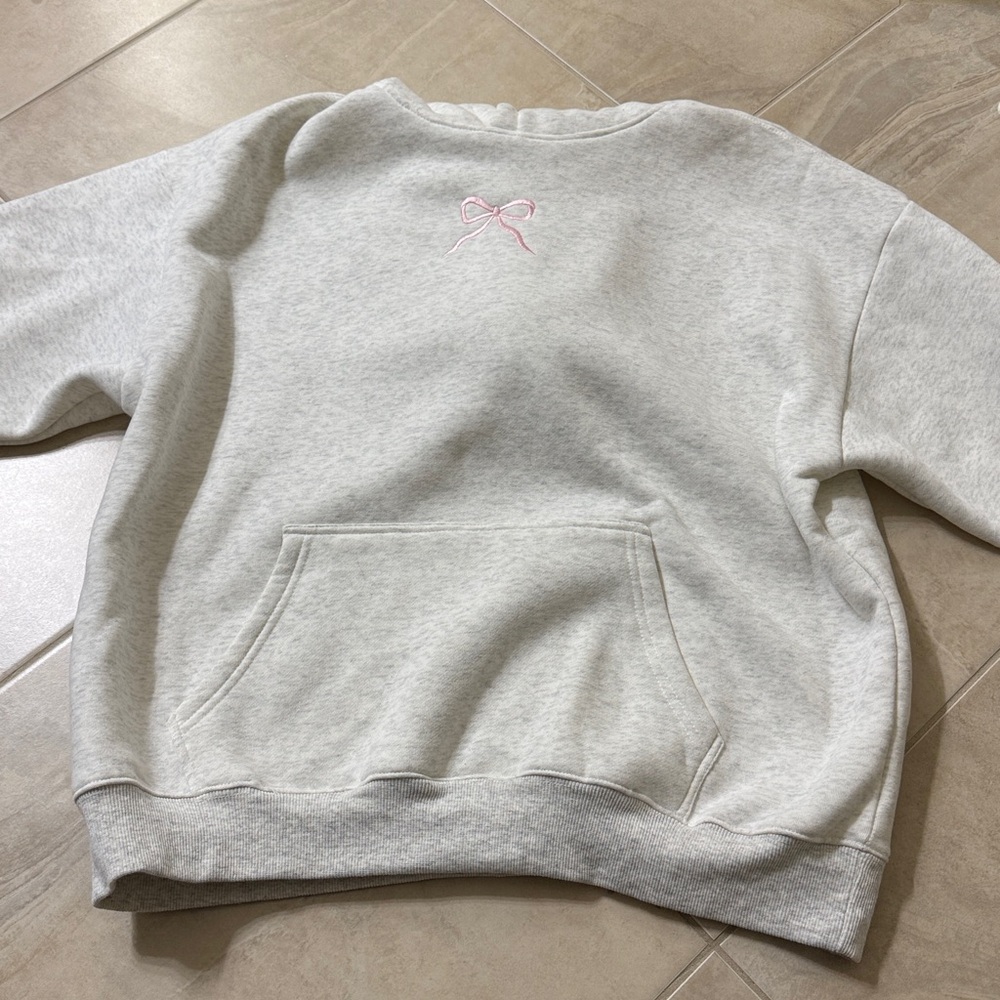 Gray Sweatshirt with Pink Bow Embroidery